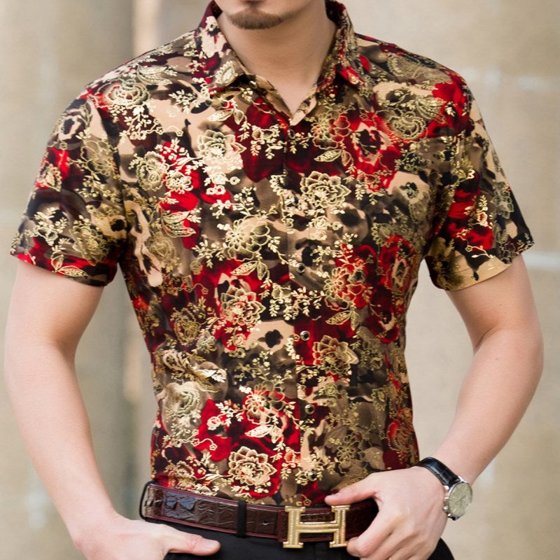 Middle-Aged Men's Summer Short Sleeve Printed Shirt Loose Non-Ironing Casual Half Sleeve Ice Silk Shirt Bronzing Thin Top Fashion