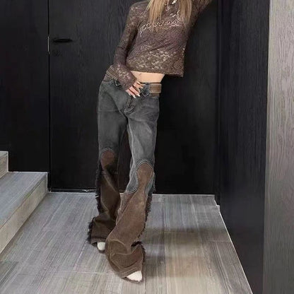 Pit a Pat Maillard Brown Retro Distressed Stitching European and American Tassel Denim Bootcut Trousers Slimming Trousers Female