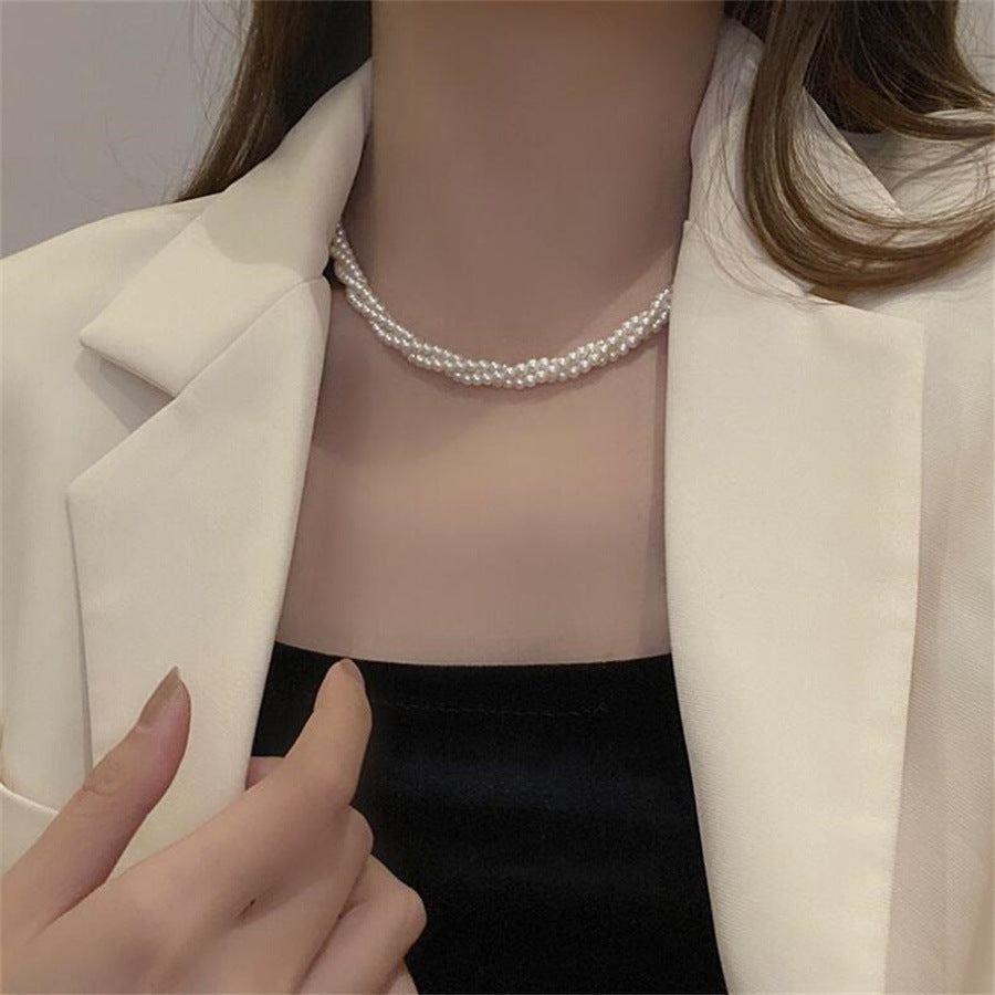 HOTan and NEWn Style All-Match Pearl Necklace Multi-Layer Pearl Winding Spiral Twist Necklace Temperament Wild Short Clavicle Chain