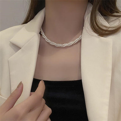 HOTan and NEWn Style All-Match Pearl Necklace Multi-Layer Pearl Winding Spiral Twist Necklace Temperament Wild Short Clavicle Chain