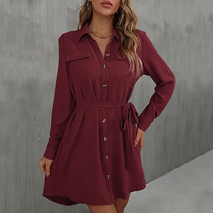 LOVECCR   Hot autumn 2025 cardigan shirt lapel women's commuter lace-up shirt dress