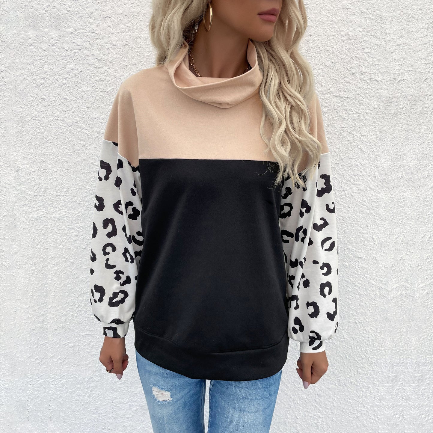 LOVECCR New Cross-border popular autumn and winter new products 2025 casual tops leopard print color matching long-sleeved turtleneck sweater