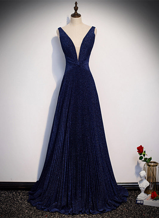 LOVECCRA-line Navy Blue V-neckline Long Party Dress, Navy Blue Long Prom Dress