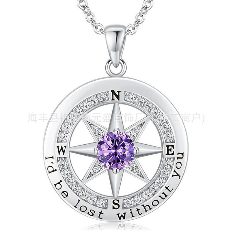 HOT and NEW Cross Border S925 Sterling Silver Compass Compass Necklace Female Twelve Birthstone  Pendant Clavicle Chain