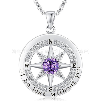 HOT and NEW Cross Border S925 Sterling Silver Compass Compass Necklace Female Twelve Birthstone  Pendant Clavicle Chain