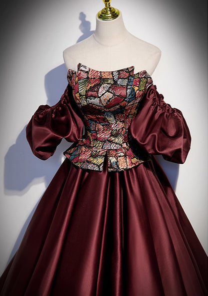 LOVECCRElegant Burgundy Satin Off Shoulder Evening Dress, Burgundy Prom Dress