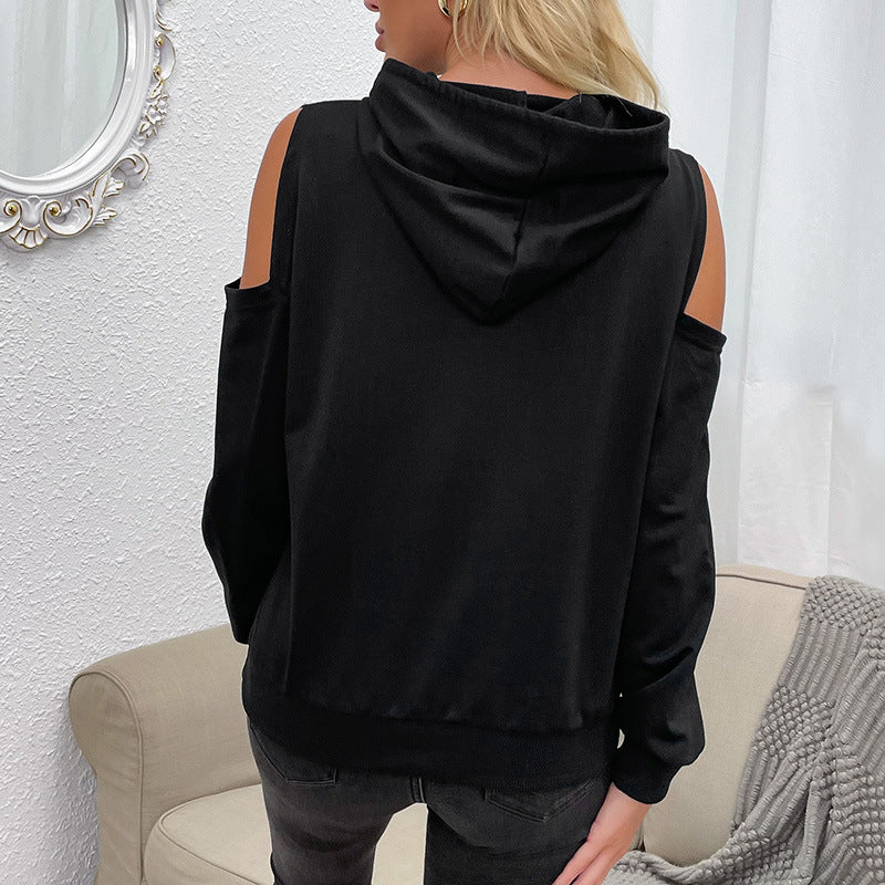 LOVECCR popular new autumn solid color hooded off-the-shoulder sweater 2025 women's clothing  New Popular trade hollow hoodie