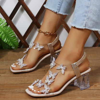 loveccr  Cross-Border 23 New Square Toe Elastic Band Butterfly Flower Sandals Women's Foreign Trade plus Size Crystal Heel Slip-on Sexy Sandals