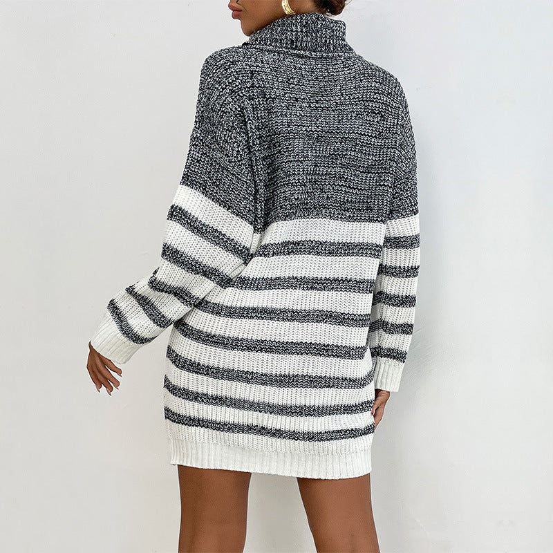 LOVECCR New popular autumn and winter new lazy wind loose stripes warm knitted medium and long high neck lazy