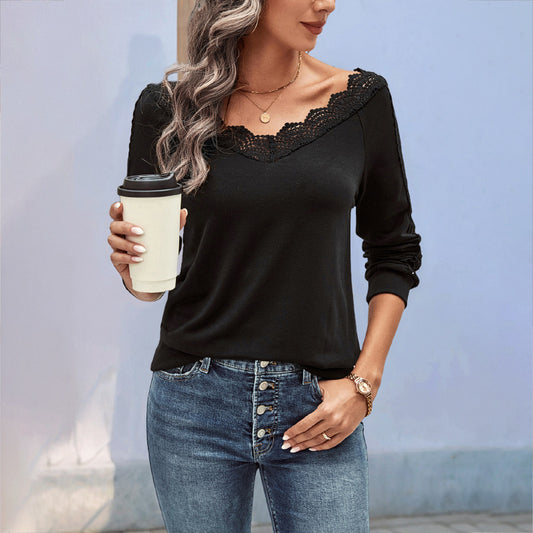 LOVECCR foreign trade long-sleeved top Hot autumn new 2025  women's v-neck lace splicing bottoming shirt