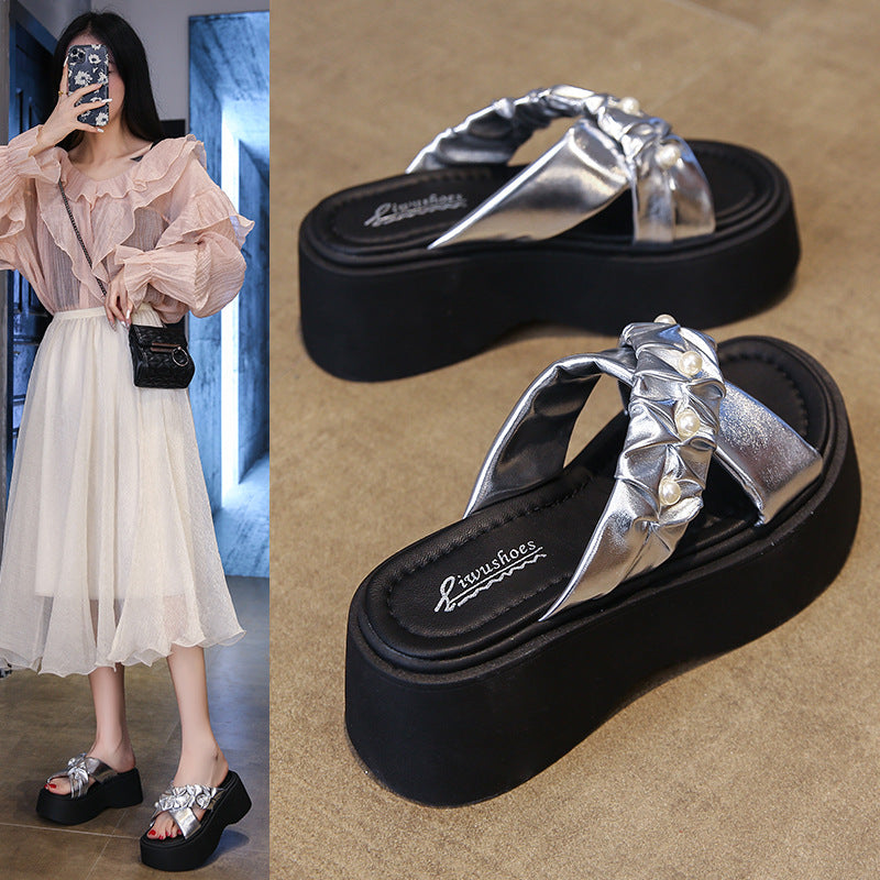 Women's Platform Platform High Heel Slippers Summer Outdoor  New All-Matching Women's Silver Sandals Height Increasing Beach Shoes