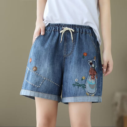 Japanese Style Denim Shorts Women's Summer Thin Loose Slimming Retro Casual Embroidered Shorts Wide Leg Pants