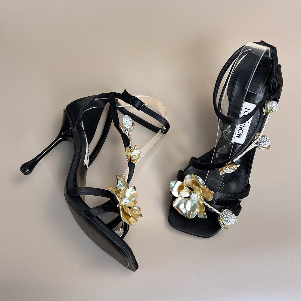 loveccr  Spring  New Square-Toe Black High Heel Sandals Women's Metal Flower Pearl Strap Heel Wrapped Women's Shoes Stiletto Heel Wholesale