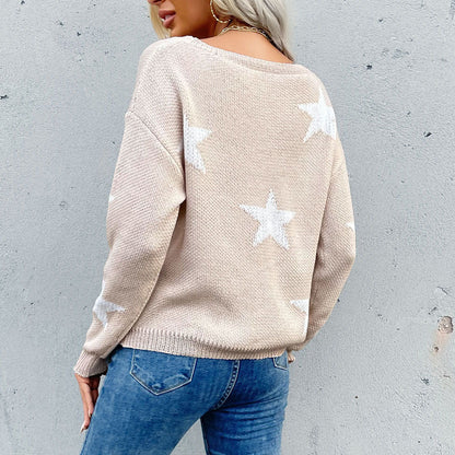 LOVECCR popular autumn new 2025 women's clothing long-sleeved crew neck Japanese five-pointed star jacquard knitted sweater women