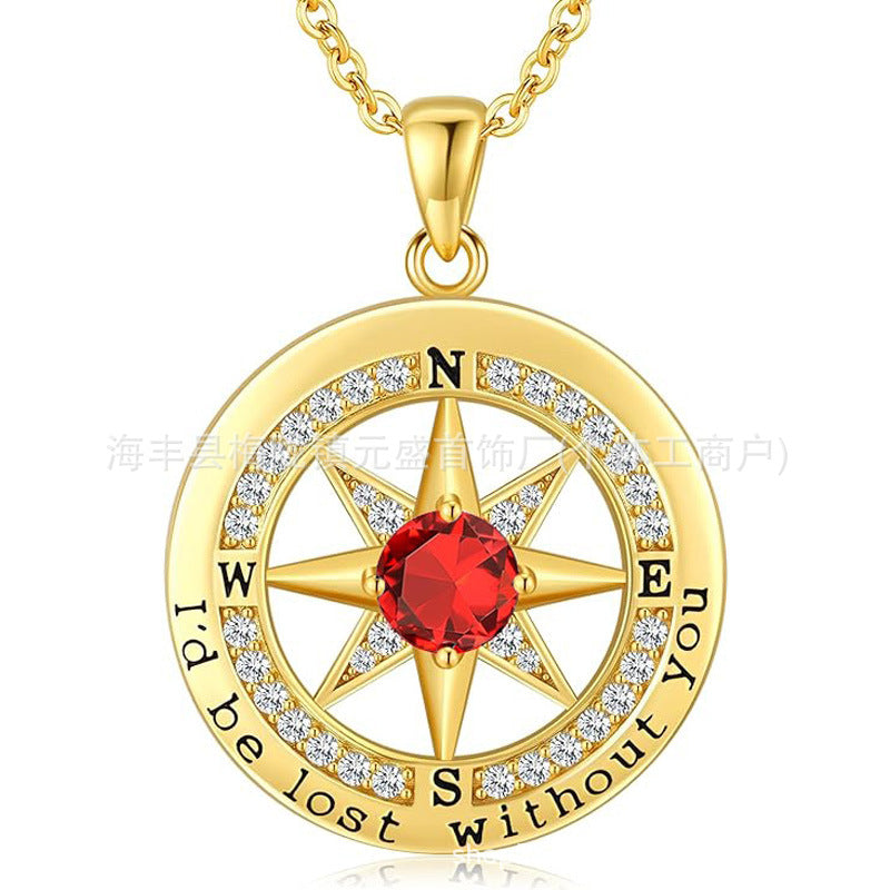 HOT and NEW Cross Border S925 Sterling Silver Compass Compass Necklace Female Twelve Birthstone  Pendant Clavicle Chain