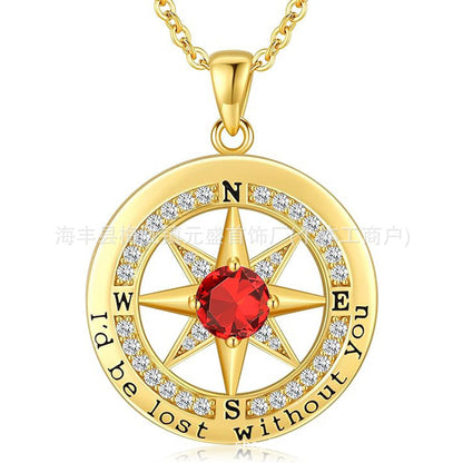 HOT and NEW Cross Border S925 Sterling Silver Compass Compass Necklace Female Twelve Birthstone  Pendant Clavicle Chain