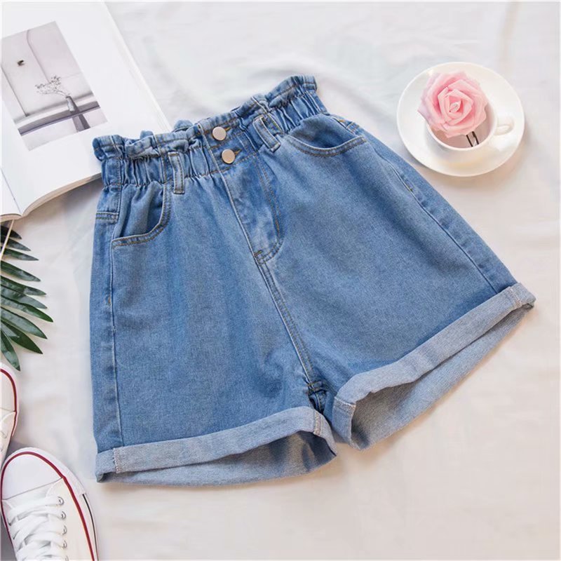 Denim Shorts Women's Summer Korean Style Elastic Waistband Straight Loose Slimming and All-Matching High Waist Curl A- line Wide-Leg Hot Pants