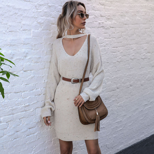 LOVECCR New popular autumn and winter deep V-neck neck neck medium and long sweater skirt pullover knitted sweater lazy style women's clothing