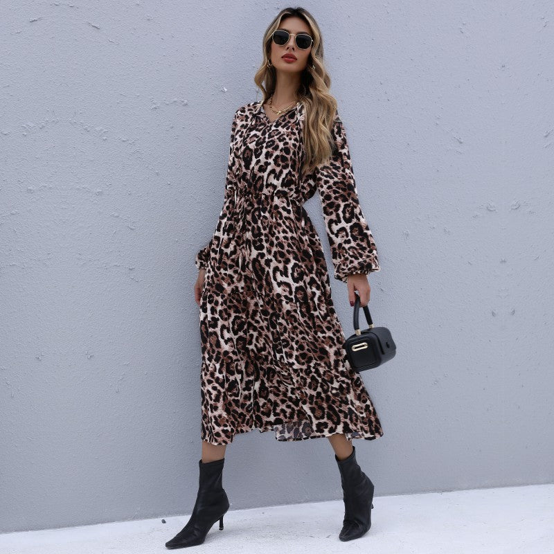 LOVECCR New Hot Autumn and Winter Women's Clothing Autumn New 2025 Leopard Print V-Neck Elastic Waist Strap Long Sleeve Dress