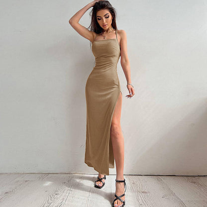 Eliya Sexy High Split Sling Dress Temperament Leisure Vacation Style Backless Solid Color Dress Cc22157