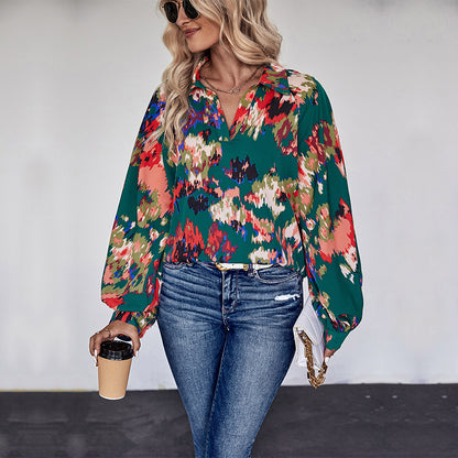 LOVECCR Hot Trade Hot Autumn New Shirt Casual Flower Shirt Lapel Long Sleeve Top Button Printed Shirt