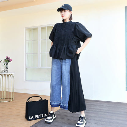 230516 Retro Hong Kong Style Color Contrast Patchwork Pleated Jeans Women's Summer Fashionable Stylish Wide Casual Cropped Pants