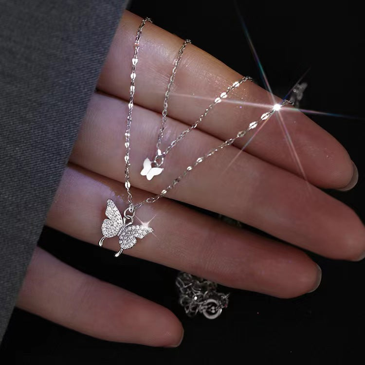 Double-Layer Butterfly Necklace for Women Affordable Luxury Style Niche High-Grade Diamond-Embedded Temperament Twin Clavicle Chain