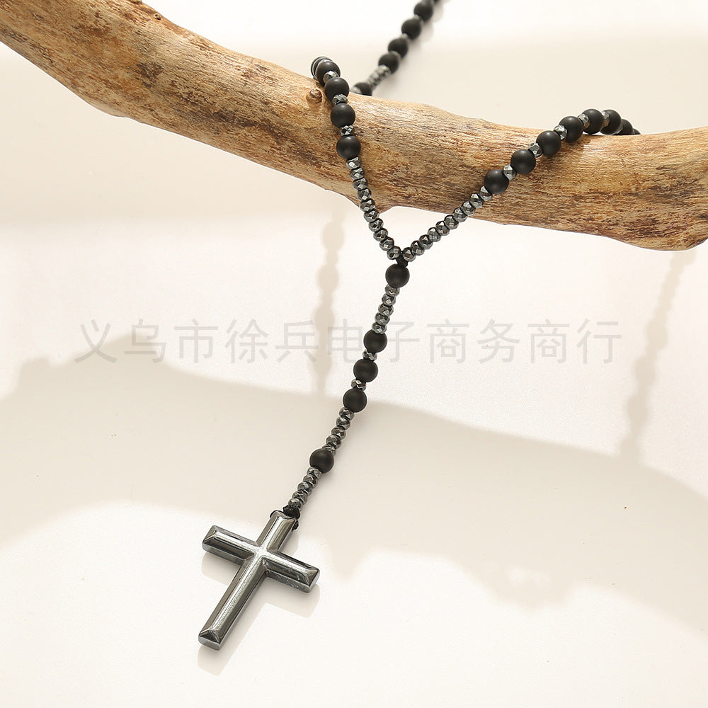 New Cross-Border Direct Supply in Stock Minimalist Creative Cross 6cm Matt Black Agate Haematite Men's and Women's Necklaces