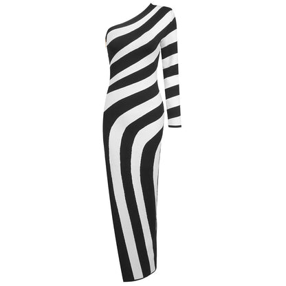 LOVECCR Cross-border autumn and winter black and white striped sexy high split shoulder dress 2025 fashion long bandage dress