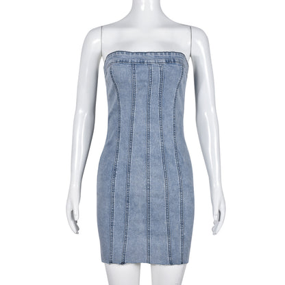 9220dd Nazada Source Denim Skirt Spring/Summer European and American  Sexy Backless Wash Chest-Wrapped Dress Women