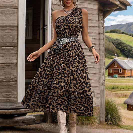 LOVECCR foreign trade ,  and A pendulum skirt 2025 new summer leopard print skirt single shoulder lace-up dress