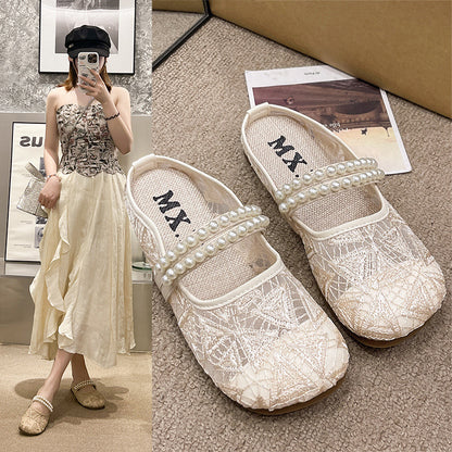 Mesh Breathable Closed Toe Half Slippers for Women  New Summer Outdoor Pearl  Style Fairy Style Flat Sandals