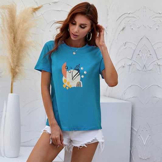 LOVECCR Cross-border color T-shirt short-sleeved women's popular summer Popular trade women's clothing cartoon printing crew neck top bottoming shirt wholesale