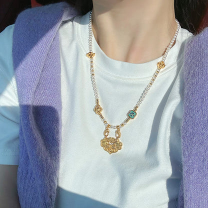 New Chinese Ancient Style Alluvial Gold Koi Duobao Lock of Safeness and Luck Pendant Pearl Necklace Women's New National Style Clavicle Chain