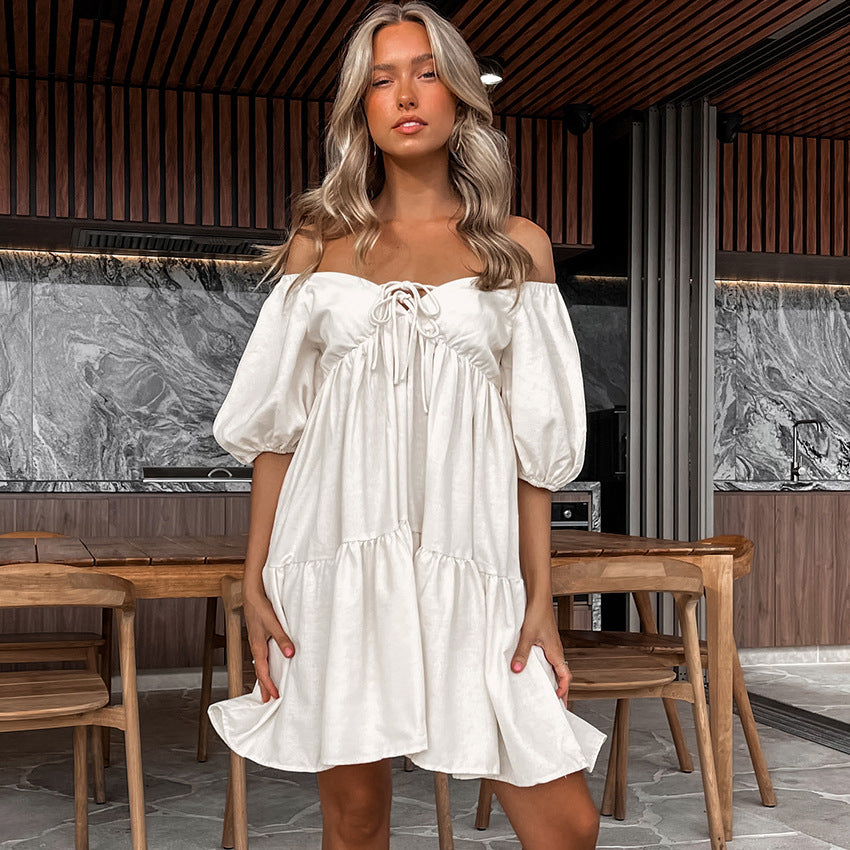 LOVECCR 2025 Popular trade  sexy cotton and linen loungewear bubble sleeves one-word shoulder fashion lace-up nightdress loose pajamas women