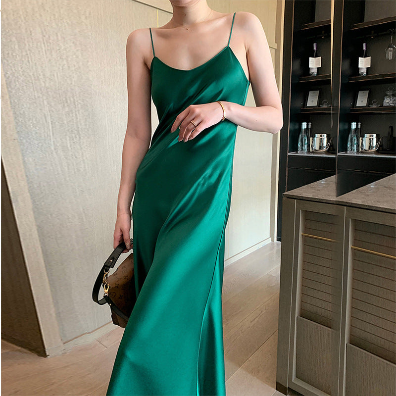 Spring and Summer Hot-Selling Acetic Acid Dress Satin Slim All-Match Internet Celebrity Halter Skirt TikTok Set Long Dress