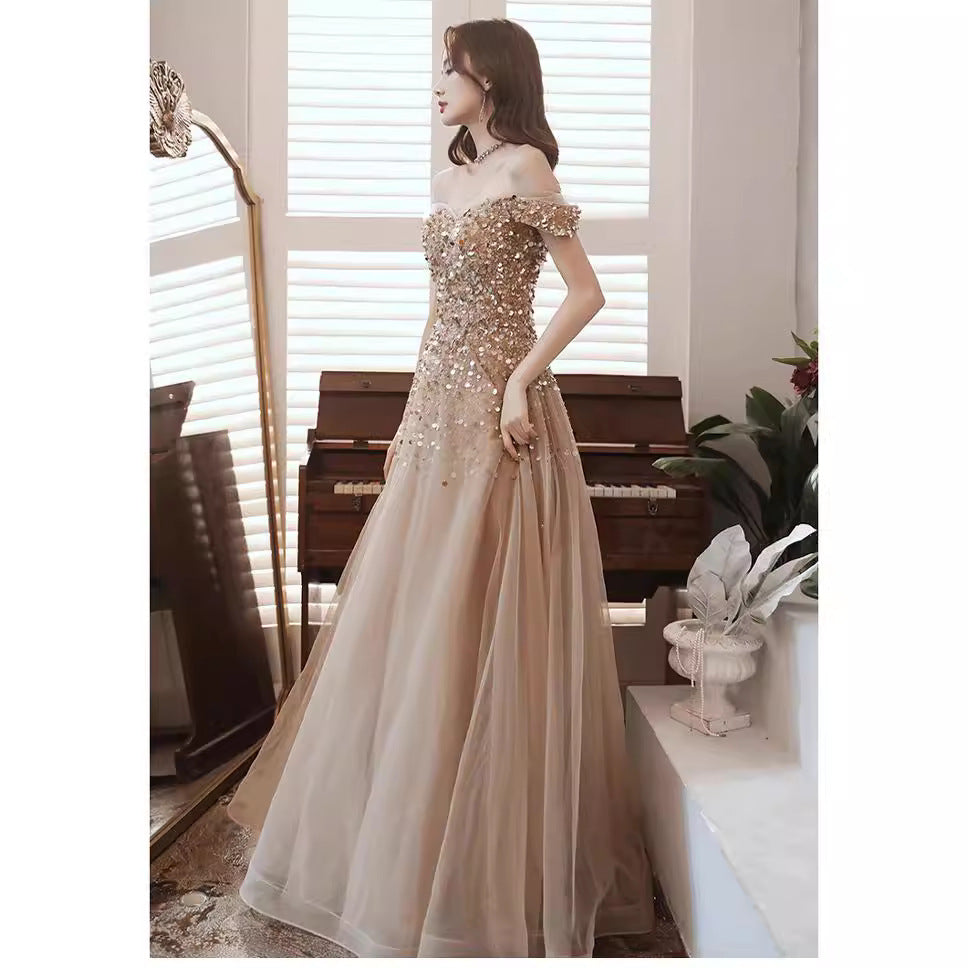 LOVECCR  New Banquet Evening Dress Women's Heavy Industry Long off-Shoulder Elegant Socialite Annual Meeting Host Dress