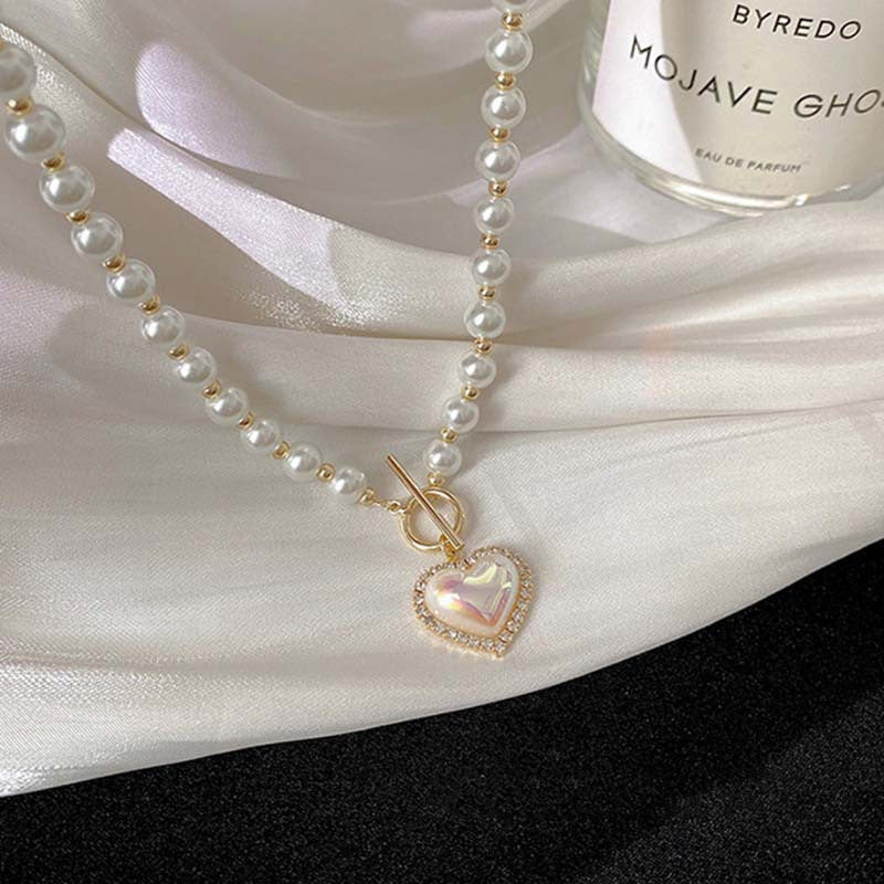 Japanese and Korean New Fairy Temperamental Imitation Pearl Love Necklace Ins Cold Style Sweet and Simple OT Buckle Clavicle Chain