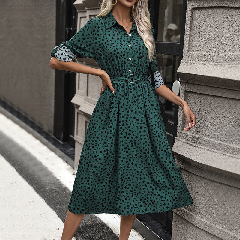 LOVECCR 2025  new dress lapel button temperament dress polka dot long dress high waist women's dress with belt