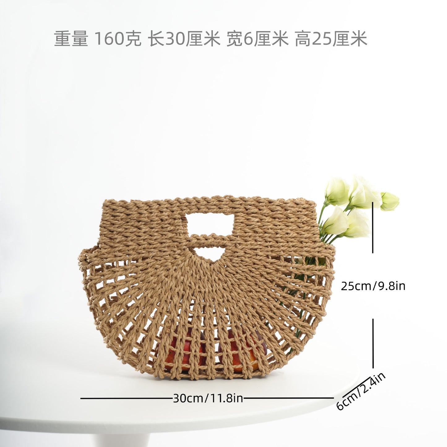 loveccr New Straw Popular Handmade Woven Hollowed Semicircle Portable Flower Basket Tote Bag