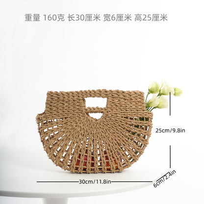 loveccr New Straw Popular Handmade Woven Hollowed Semicircle Portable Flower Basket Tote Bag