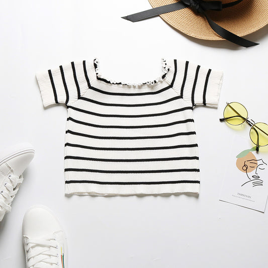 LOVECCR New Popular trade summer new 2025 one-word shoulder striped navel top short-sleeved fungus edge short t-shirt