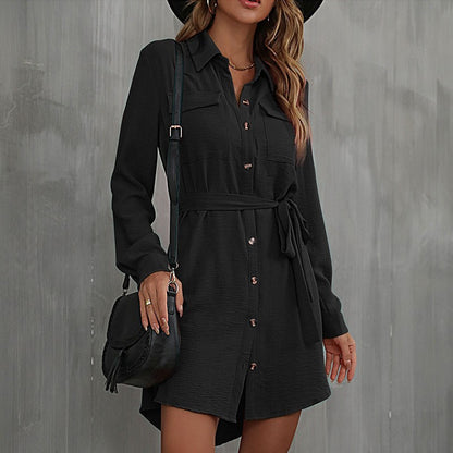 LOVECCR   Hot autumn 2025 cardigan shirt lapel women's commuter lace-up shirt dress