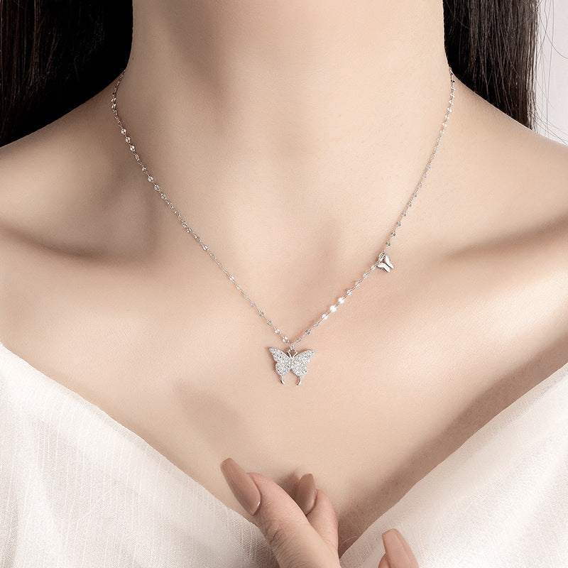 LOVECCR Sterling Silver S925 Butterfly Necklace Female Special Interest Light Luxury High-Grade  Hot Clavicle Chain Birthday Gift for Girlfriend