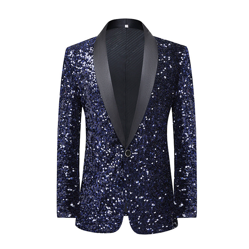 LOVECCR   Men's Dress Sequined Color-Changing Flash Bar DJ Nightclub Stage Performance Suit Host Singer Navy Blue Coat