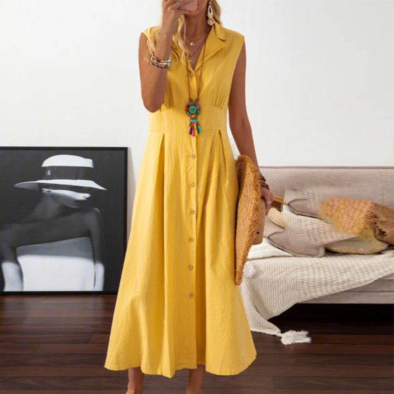 LOVECCR European American Summer New Skirt  Lapel Women's A- line Vintage Cotton Linen Long Dress