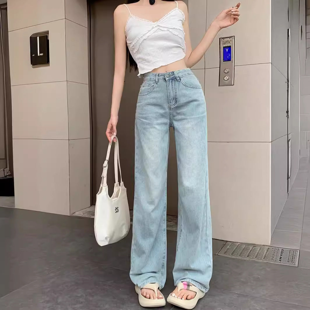 Women's Korean-Style Bowknot Embroidered Straight Jeans Summer 2024 New High Waist Loose and Slimming Drooping Wide-Leg Pants