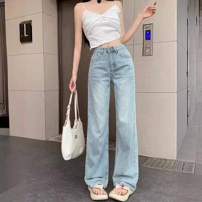 Women's Korean-Style Bowknot Embroidered Straight Jeans Summer 2024 New High Waist Loose and Slimming Drooping Wide-Leg Pants