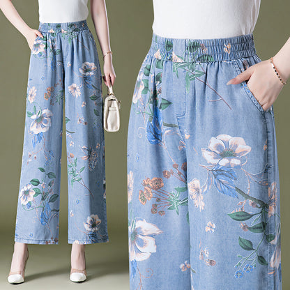 9258 Lyocell Jeans Wide Leg Pants Cropped Middle-Aged Women's Pants Colorful Pants Chinese Style Mom Culottes Summer Cool