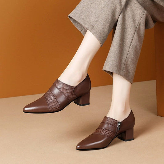 loveccr  Spring Deep Mouth Pumps Women's Shoes New Genuine Leather Chunky Heel High Heel Shoes All-Match Brown plus Size Ankle Shoes